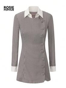 ROSIE POPHUB Women's Plaid Elegant Mini Dress, Fake Two-Piece Side Button Slim Preppy Skirt Dress For Back To School, Teacher Commute Fall & Winter - Grey - View 7