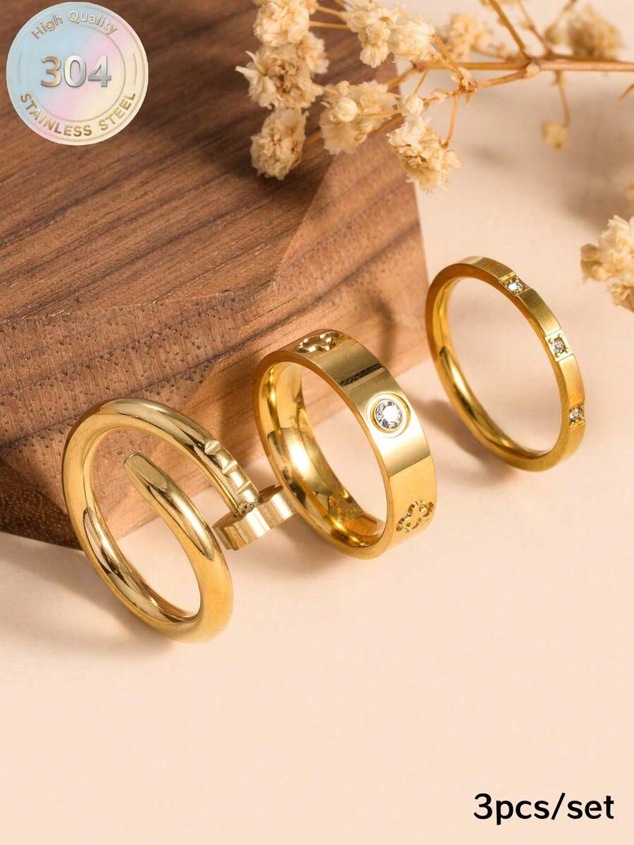 3pcs/Set Gold-Plated Clover Rings For Women, Cubic Zirconia Stackable Rings Jewelry Gift - Style a - View 1
