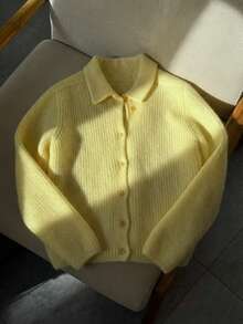 EAVA Autumn Winter Pastel Yellow Sweater Lapel Neck Button Front Knitwear Ribbed Cardigan Coat Slouchy Quiet Luxury Casual Pullover - Yellow - View 7