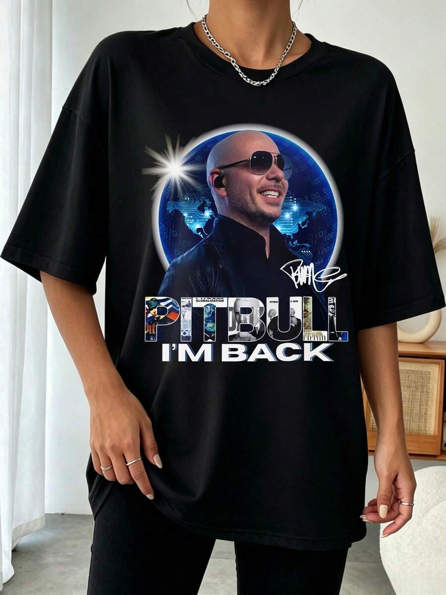 Pitbull I'm Back North America Tour Double Sided Oversized Cotton Unisex Concert Graphic T-Shirt - 黑色 - 查看 1