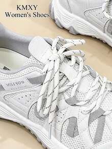 1 Pair Women Beige Mesh Lace Up Casual Sports Sneakers, Spring Summer Daily Footwear - Beige - View 5