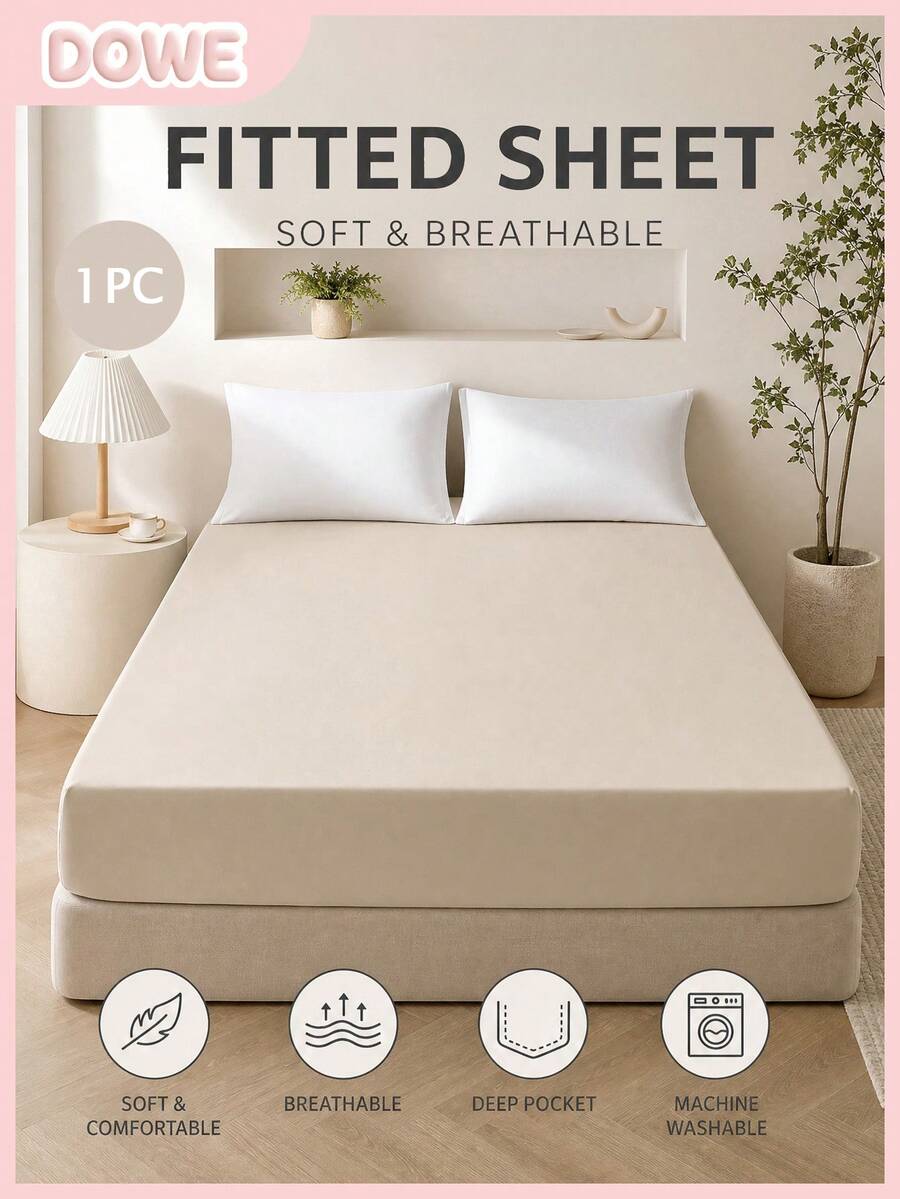 1pc Solid Color 25cm Deep Pocket Fitted Sheet, Soft Breathable Mattress Protector, Suitable For All Bed Sizes, Dorm Home Bedding Decor - Light Khaki - View 1