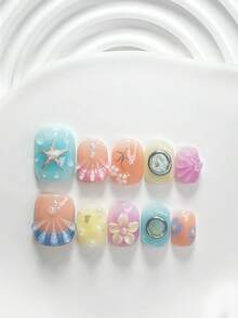 10片夏季風格手工穿戴式美甲，Polygel美甲套組，星星、花朵、蝴蝶結、貝殼碎片，藍色、黃色、紫色指甲油，清新風格，含美甲工具，3種尺寸可選，方形、短方形、杏仁形，適合派對、跳舞、日常配戴 - 彩色 - 查看 19