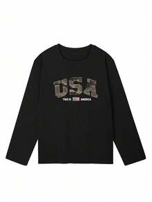 Women's Fashion Autumn/Winter Loose Fit Multi-Function Letter Print Long Sleeve T-Shirt Casual Black - Black - View 6