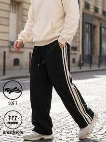 1pc Men's Quick-Dry Casual Sports Long Pants, Striped Design, Drawstring Elastic Waist, Suitable For Summer Basketball, Fitness Training - Black - View 4