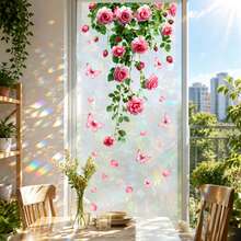 Vintage Pink Rose Butterfly Window Privacy Film, Rainbow Effect Non-Adhesive Glass Decorative Sticker, Static Cling Vinyl Cover Film, Suitable For Bathroom Kitchen Home Apartment - Pink Rose Glass Sticker - View 4