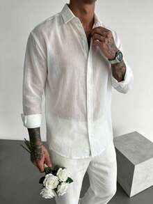 Camisa de lino para hombre, minimalista, blanca, con textura transpirable de manga larga casual - Blanco - Ver 5