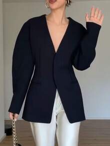 Women's Elegant Casual Long Sleeve V-Neck Cinched Waist Button-Front Blazer, Solid Color With Pockets, Suitable For Daily, Office, Dating - Black - View 9