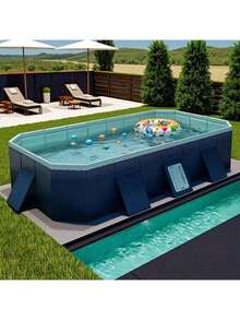 Foldable Rectangular Family Swimming Pool, Large No-Inflation Above-Ground Pool With Sturdy Ladder, Durable Outdoor Backyard Pool For Kids, Adults And Pets, Summer Water Party Fun - C - View 4