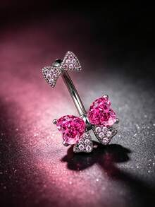 1pc Sweet Pink Heart Bow Belly Piercing Stud, Full Zirconia Stainless Steel Navel Piercing Jewelry, Girly Hot Girl Piercing Accessory - Pink - View 1