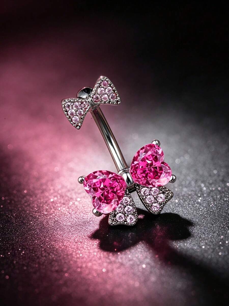 1pc Sweet Pink Heart Bow Belly Piercing Stud, Full Zirconia Stainless Steel Navel Piercing Jewelry, Girly Hot Girl Piercing Accessory - Pink - View 1
