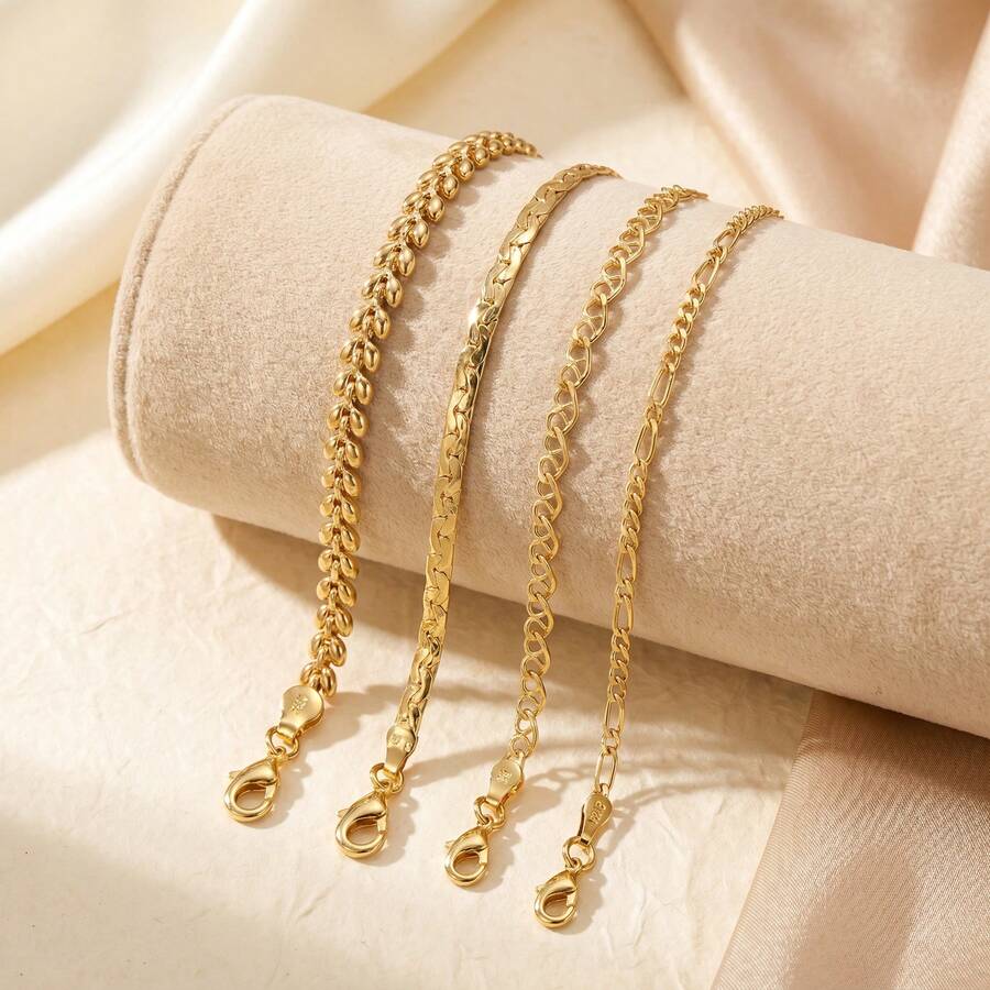 Simple 18K Gold-Plated Copper Geometry Bracelet Set For Women Daily Wear, Fashionable Layered Jewelry - Gold - View 1