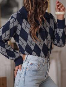 Atasan Rajut Kancing Tunggal Motif Argyle Jacquard Vintage Ukuran Plus - Navy Blue - View 2