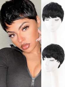 Wig Pendek Sintetis Hitam untuk Wanita, Potongan Pixie dengan Poni, Warna Hitam Alami, Lurus, Tebal, Buatan Mesin, Pendek Berlapis untuk Penggunaan Sehari-hari - MultiWarna - View 3