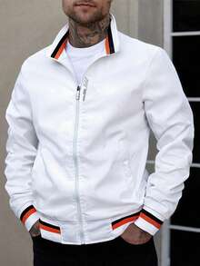 Chaqueta con cremallera, manga larga, gráfico de letras y ribete a rayas para hombres, para el otoño - Blanco - Ver 2