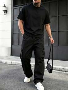 Men's Fashion Solid Color Crew Neck Short Sleeve T-Shirt + Patch Pocket Cargo Pants 2-Piece Set, Elastic Drawstring Casual Outfit - Black - View 3
