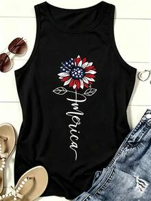 Women Sleeveless Tank Top, American Flag Daisy Patriotic Print Loose Vest, Casual White Summer Tops, 4th Of July Independence Day Daily Vacation - 黑色2 - 查看 1