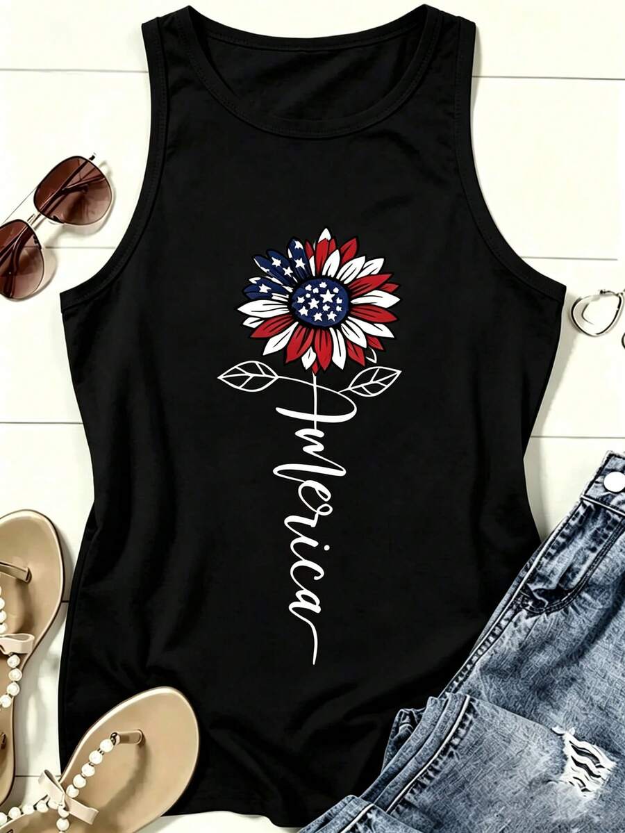 Women Sleeveless Tank Top, American Flag Daisy Patriotic Print Loose Vest, Casual White Summer Tops, 4th Of July Independence Day Daily Vacation - 黑色2 - 查看 1