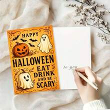 1 Grußkarte + 1 Umschlag Gruselige Halloween Grußkarte, Kürbis und Geist Design "Essen, Trinken und Gruselig sein", perfekt für Freunde, Halloween Festlicher Vintage Stil. - Übersicht 2