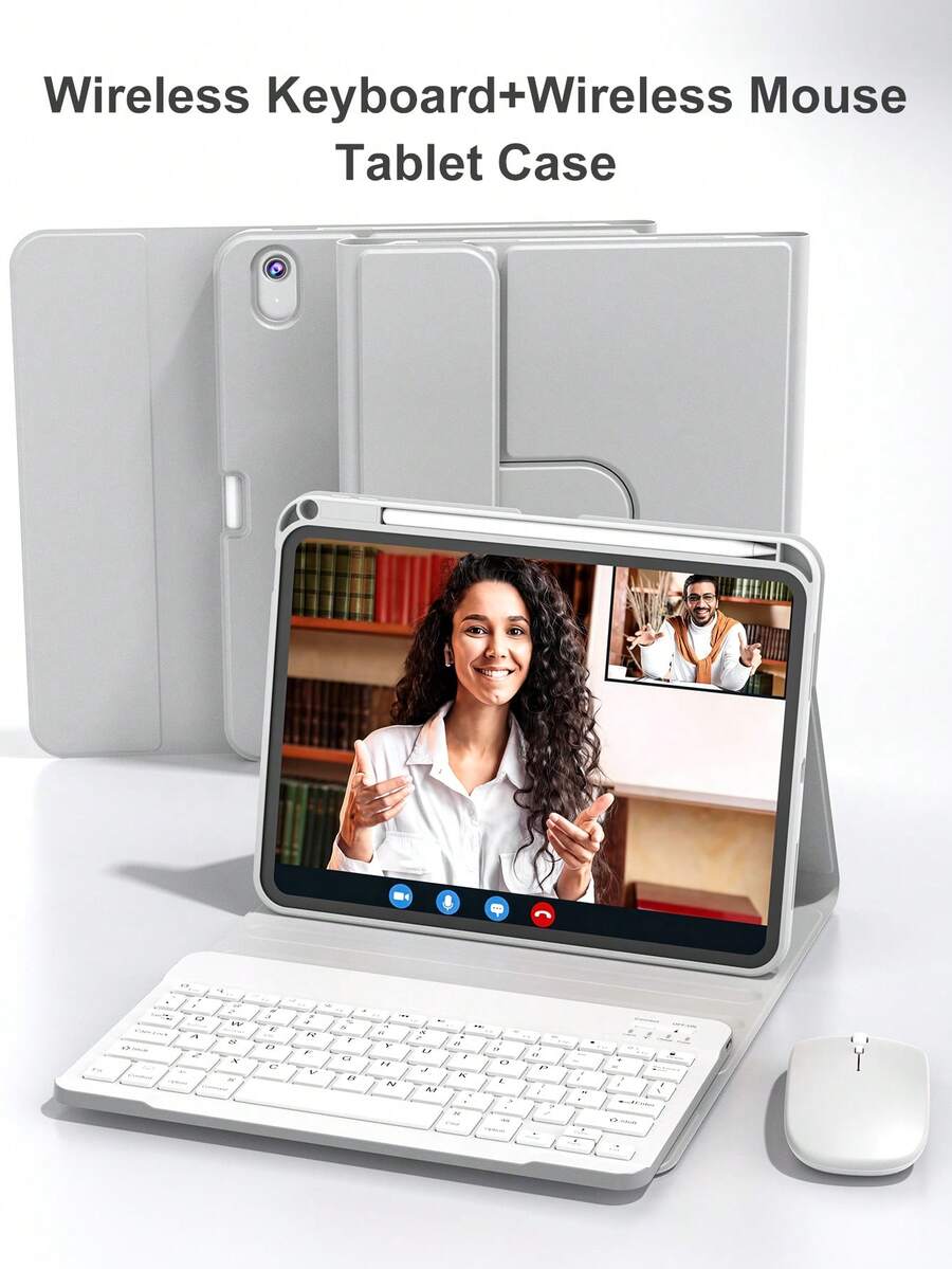 平板電腦旋轉鍵盤保護殼，相容 iPad + 滑鼠，PU 皮革材質，相容 A16 11 吋 11 代 2025、10 代 2022，適用 iPad 7代/8代/9代、Air 4/5/6/7/8、iPad Pro 11，含配件，便攜式無線鍵盤 (150mAh)，附筆槽，支援 360 度旋轉，灰色