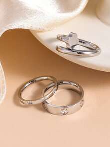 3pcs/Set Gold-Plated Clover Rings For Women, Cubic Zirconia Stackable Rings Jewelry Gift - Style a - View 6