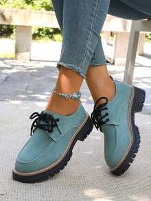 WTKMRSSTEP Autumn/Winter Vintage Thick Sole Loafers British Casual Commuter Shoes For Women - Mint Blue - View 3
