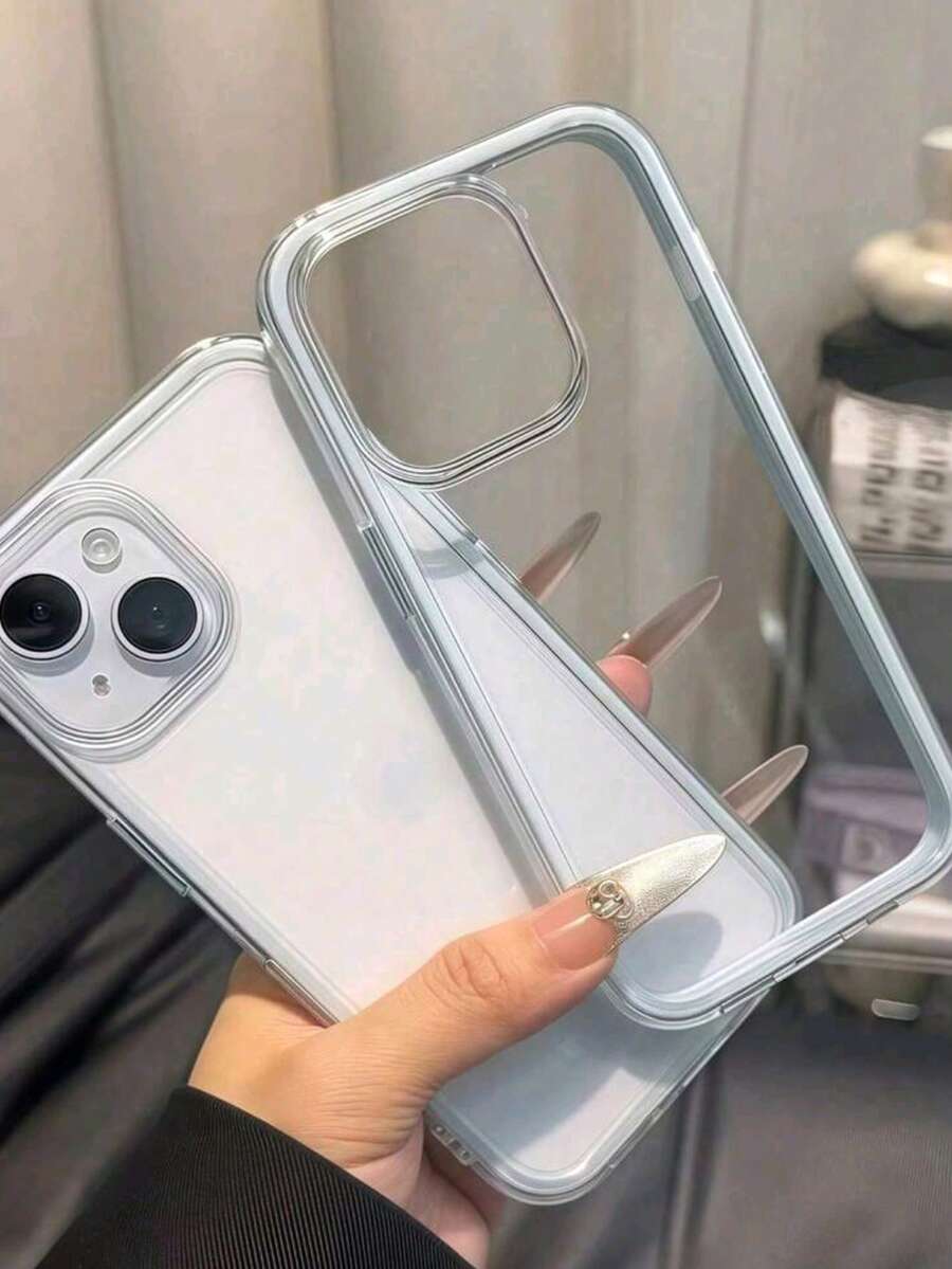 1pc 2-In-1 Solid Color Frame Transparent Soft Phone Case Compatible With IPhone 17 Pro Max, 16, 15, 14, Shockproof - Blue - View 1