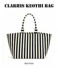 Tas Tote Kanvas Garis Vertikal Blok Warna, Pilihan Warna Beragam, Tas Bahu Genggam Kapasitas Besar untuk Belanja Sehari-hari dan Perjalanan Pantai - MultiWarna - View 7