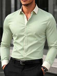 Officeau Men's Formal Shirt, Minimalist, Olive Green And Beige Colorway - Green - View 3