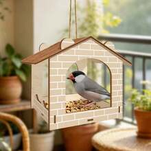 1pc Rustic Wooden Bird Feeder With Pine Wood Carved Texture And Stone Base, Hanging Balcony Garden Decor, Outdoor Bird Feeder For Garden And Yard To Attract Birds - D - View 6