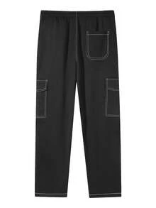 Men's Loose Fashion Sports Long Pants, Featuring Minimalist Solid Color Wide Leg Design, Drawstring Waist, Large Pockets, Suitable For Daily Walking, Work, Travel And Other Occasions. Made Of 100% Polyester Fiber, This Thin Wide Leg Casual Pants Is Suitable For All Season Wear. - Black - View 7