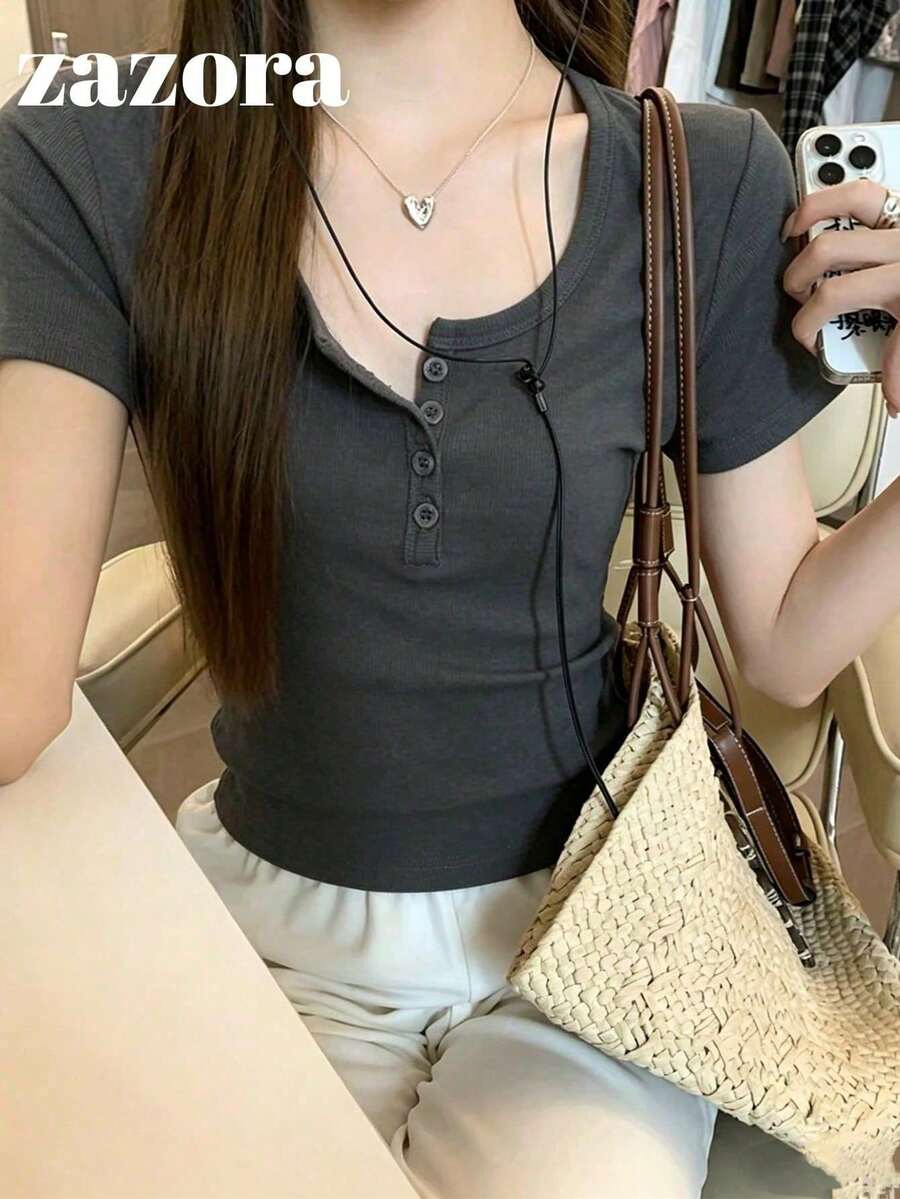 素色標準肩寬短袖女款百搭圓領修身彈性白色半透 T恤上衣夏季休閒 - 深灰色 - 查看 1