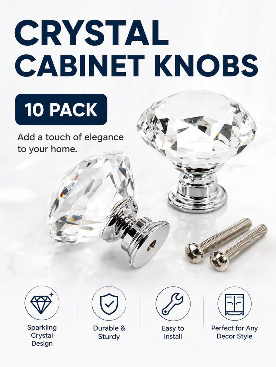 10 buah kenop kaca kristal berbentuk berlian 30mm, tarikan laci kabinet, gagang pintu, perangkat keras furnitur lemari dapur dan lemari pakaian. - lubang tunggal - View 1