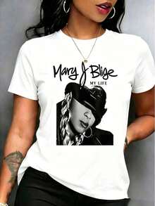 White Crew Neck Summer Tops For Women, Mary J Blige My Life Retro Portrait Print Short Sleeve Shirts, Casual Soft Basic Tees Daily Holiday 4th Of July - 白色9 - 查看 1