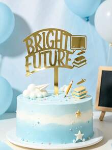 3pcs Luxury Gold Reflective Graduation Cake Ornament, Curved Bright Future Typography Embedded Classroom-Themed Cutouts. Mirror Finish Presents Uplifting Aesthetics For Graduation And Promotion Party Dessert Display Layouts - A - View 1