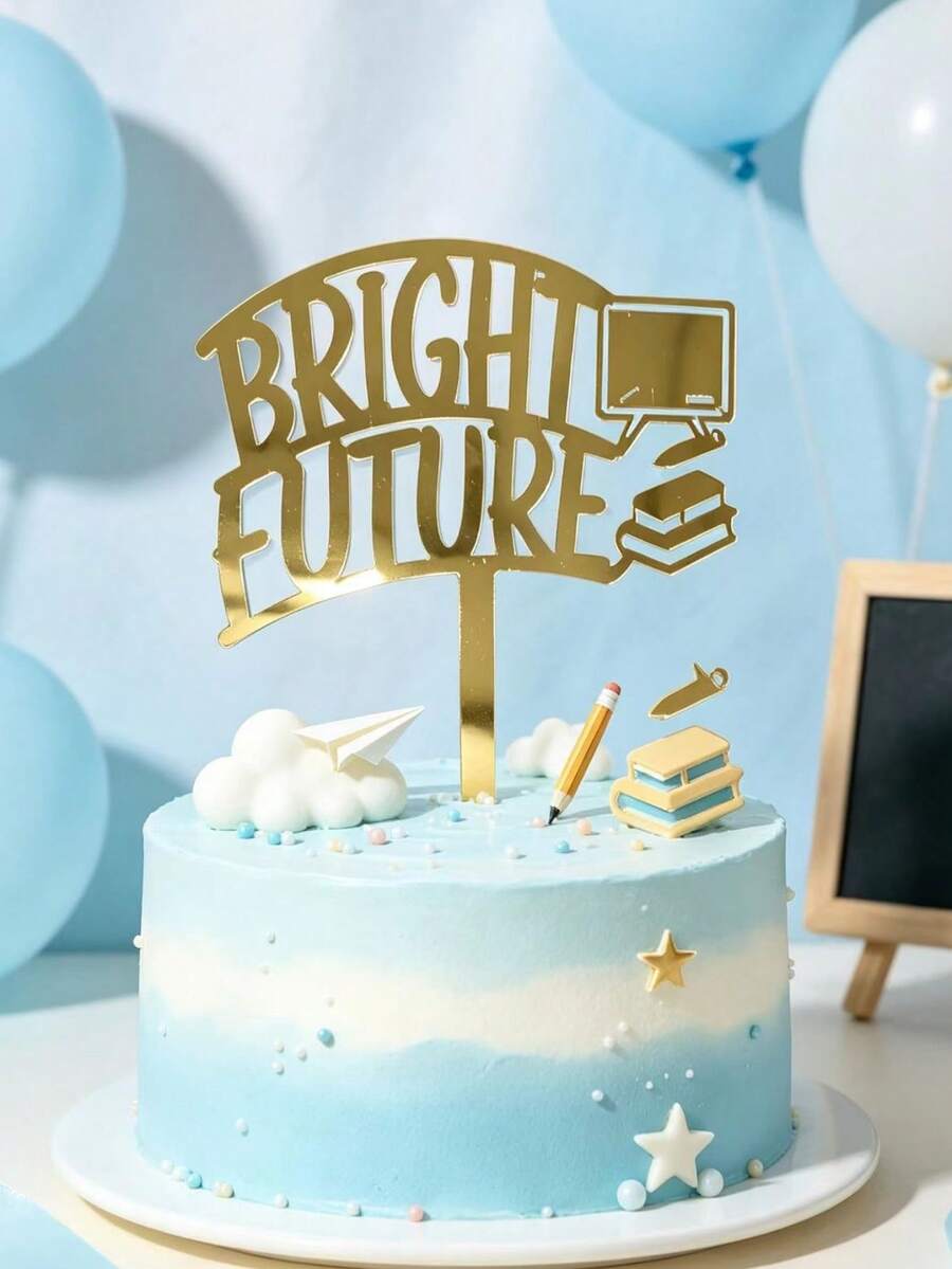 3pcs Luxury Gold Reflective Graduation Cake Ornament, Curved Bright Future Typography Embedded Classroom-Themed Cutouts. Mirror Finish Presents Uplifting Aesthetics For Graduation And Promotion Party Dessert Display Layouts - A - View 1