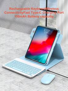 360°旋轉鍵盤保護殼與滑鼠套組，相容 iPad A16 11代/10代/9代/8代/7代/6代/5代、Air 10.9"/11"/10.5"/9.7" 及 Pro 11" (1代/2代/3代/4代)，內建筆槽，可拆卸無線鍵盤 (150mAh 電池) 與 PU 皮革保護殼，淺藍色 - Light Blue 360-Degree Rotating Mouse and Keyboard - 查看 4