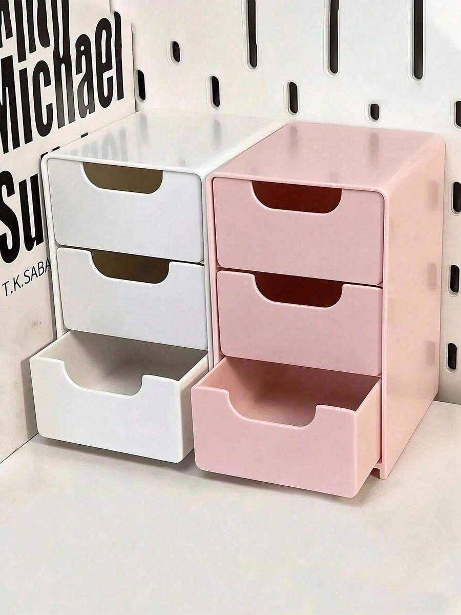 1pc Small 3-Drawer Translucent Plastic Desktop Storage Box, Hollow Handle Rectangular Dust-Proof Cosmetic Organizer, Suitable For Bedroom, Dorm, Office, Back To School Gift - Multicolor - View 1