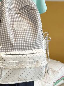 1pc Minimalist Large Capacity Polka Dot Plaid Backpack School Bag Suitable For Travel, Outing, Shopping, Vacation - Grey - View 3