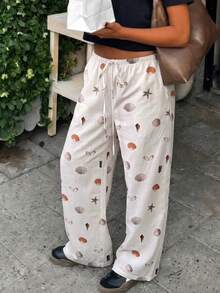 VIBEWAVE Shell And Starfish Print Drawstring Elastic Waist Wide-Leg Pants Women's Textured Vacation Style Loose Straight Casual Trousers - White - View 4