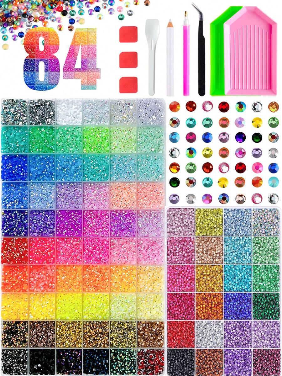 2 Boxes 52-Grid Resin Rhinestone Nail Art Set, Round Crystal Nail Rhinestones, Shiny Rhinestone Set, Includes Wax Pencil, Tweezers And Rhinestone Tray Tools, Suitable For Nail Art, Tumblers, Clothing, Scrapbooking And DIY Crafts - Multicolor - View 1