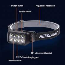 8 LED Ultra Bright Motion Sensor Headlamp, Rechargeable Waterproof Headlamp, 1200mAh Battery, 5 Modes, 90° Adjustable Lightweight Headlamp, Suitable For Night Running, Camping, Fishing, Outdoor Essential Gear, Ideal Gift For Men - Multicolor - View 8