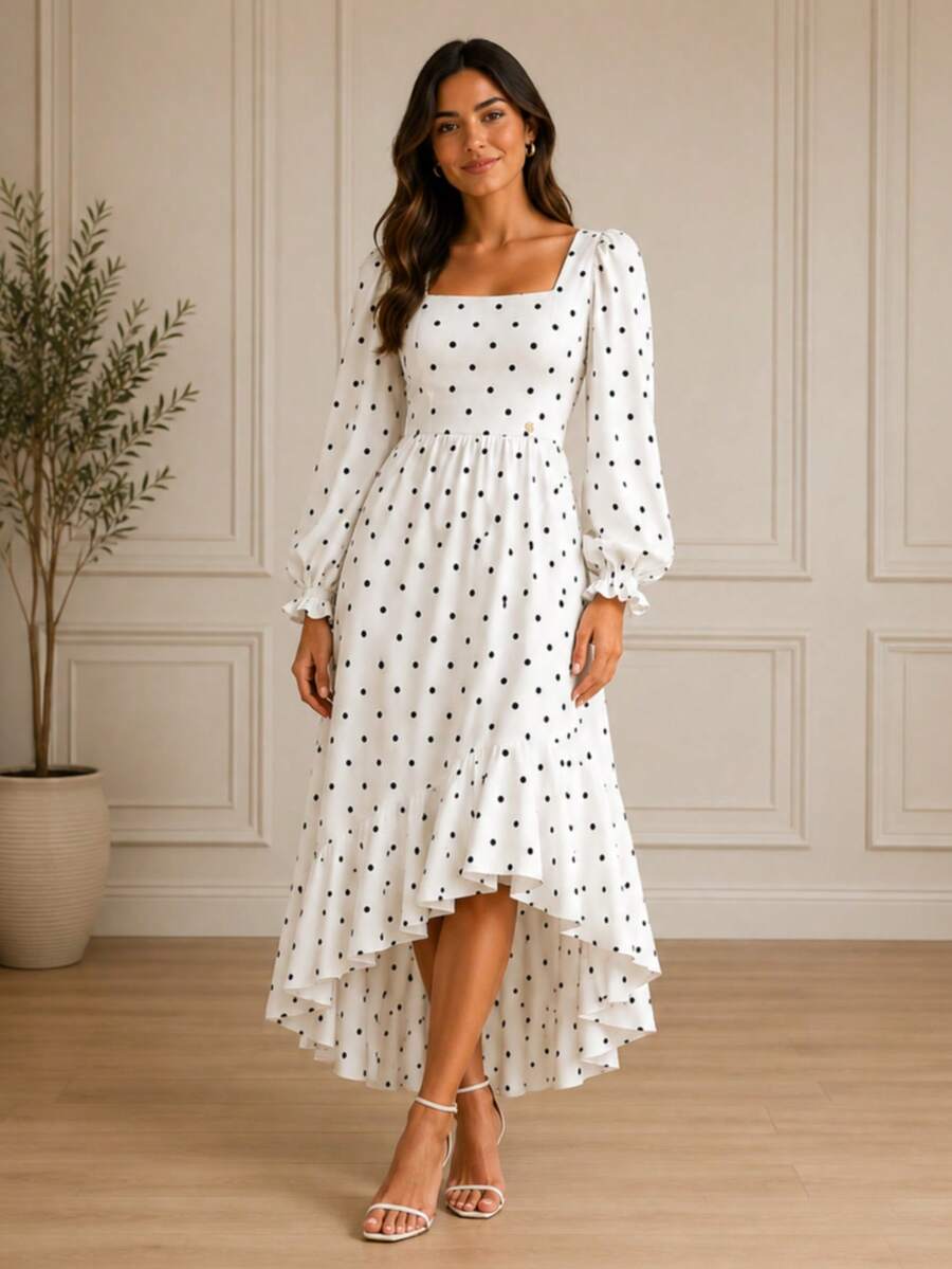 Boho Chic Women's Long Sleeve Midi Mullet Dress With Ruffles Tailored Square Neckline Spring Summer Christian Modest Fashion Polka Dot REF: Angela - 白色波點 - 查看 1