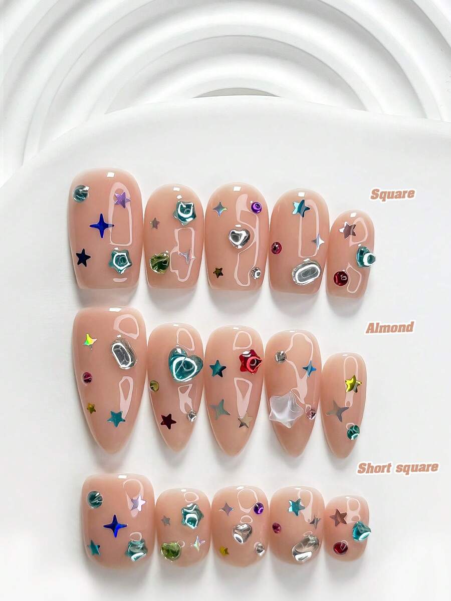 10片裝休閒風手工穿戴甲,Polygel美甲套組,星星、愛心、星芒、鑽石圖案,裸粉色指甲油,清新風格,附美甲工具,3種尺寸可選,方型、短方型、杏仁型,適合派對、跳舞、日常配戴 - 彩色 - 查看 1