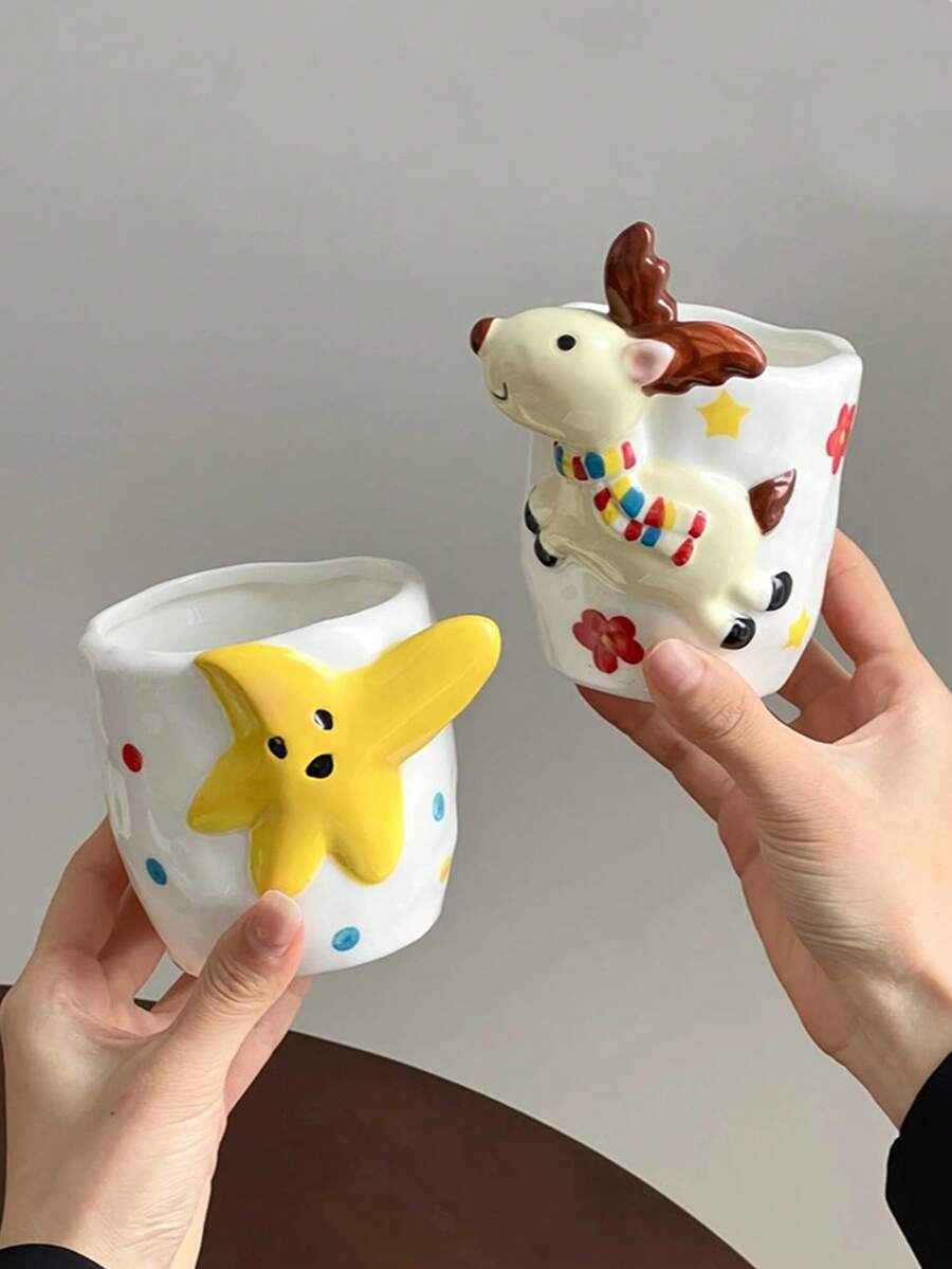 1pc 3D Embossed Star & Deer Handheld Coffee Mug, Exquisite Handmade Artistic Mug, Highly Attractive Niche Design, Interesting Cup, Ceramic - Suitable For Brewing Coffee, Strong Tea, Latte, Cappuccino, Christmas Gift - Multicolor - View 1