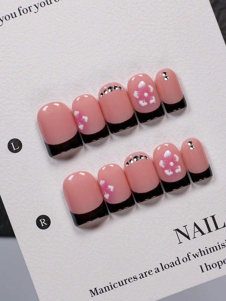 10 Pieces Short Square Handmade Press On False Nails Set With Nail Tools Nude Base Black French Nails Decorated With Pink White Printed Small Flowers And Mini Rhinestones Suitable For Work Dates Trips And All Kinds Of Daily Casual Occasions - Multicolor - View 1
