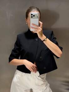 女款修身短版西裝外套，短袖商務西裝夾克，適合春夏畢業季，黑色 - 黑色 - 查看 4