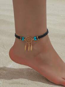 1pc Vintage Fashion Creative Bohemian Ocean Style Seed Bead Dreamcatcher Leaf Tassel Pendant Anklet For Women, Suitable For Daily Casual, Travel, Banquet, Music Festival, Party, Beach Vacation - Black - View 2