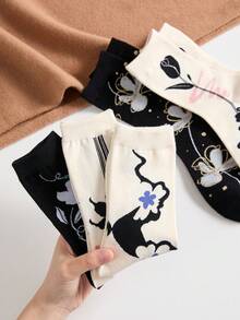 5 Pairs Elegant Ink Floral Pattern Women's Mid-Calf Socks, Non-Slip Comfortable, Suitable For All Seasons - View 3