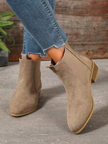 1 Pair Women's Patchwork Crocodile Embossed Chelsea Ankle Boots, Autumn/Winter New Low Heel Soft Leather Slip-On Boots, Versatile Commuter Ankle Boots - Khaki - View 1